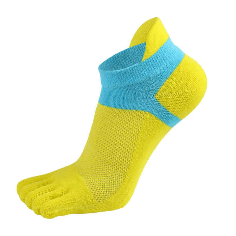 Colorful cotton five-finger short socks for women in vibrant yellow and blue, offering comfort, breathability, and antibacterial protection.